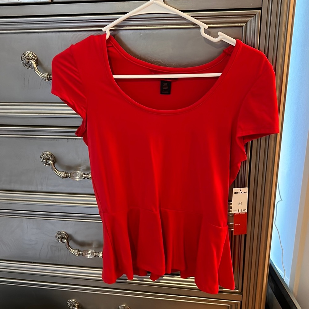 New red peplum short sleeve blouse top shirt